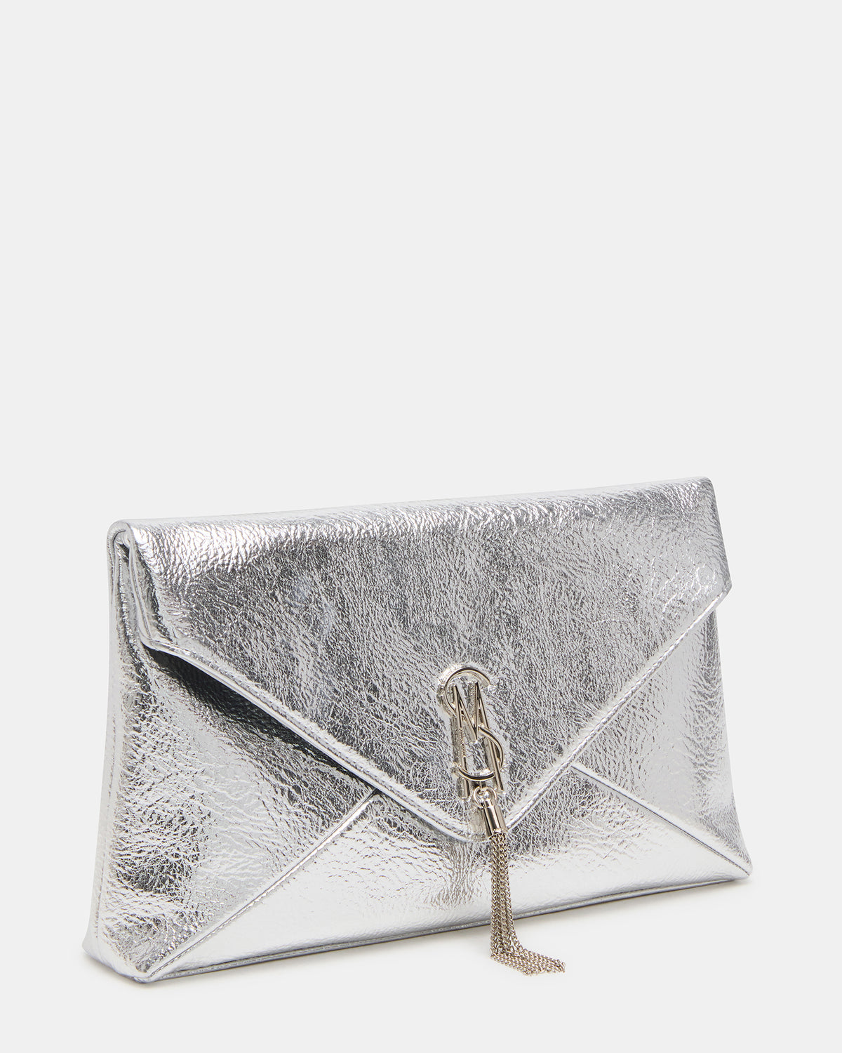 Steve Madden PARTAY Bag Silver Oversized Crinkle Envelope Logo Clutch Handbag