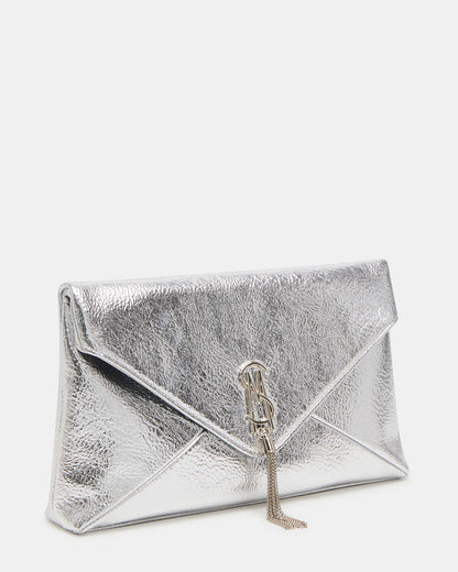 Steve Madden PARTAY Bag Silver Oversized Crinkle Envelope Logo Clutch Handbag