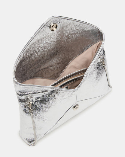 Steve Madden PARTAY Bag Silver Oversized Crinkle Envelope Logo Clutch Handbag