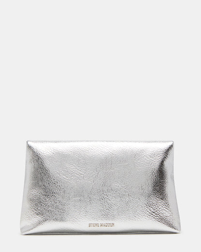 Steve Madden PARTAY Bag Silver Oversized Crinkle Envelope Logo Clutch Handbag