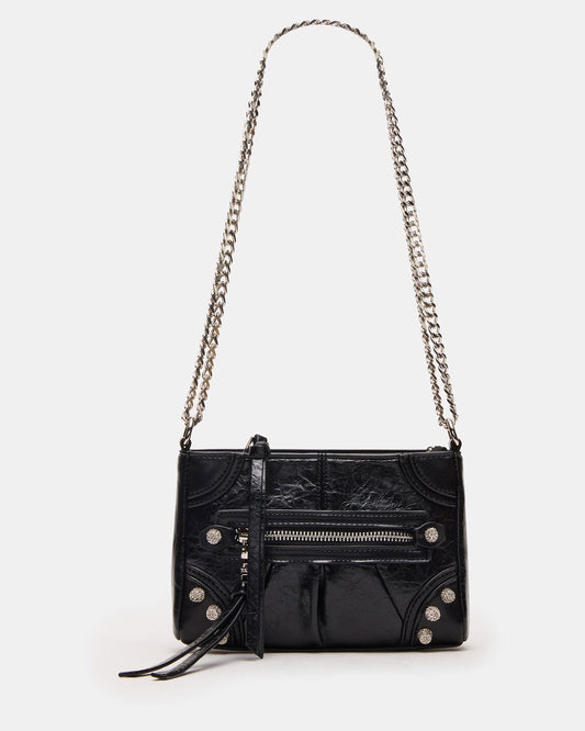 Steve Madden SKY Bag Black/Silver Moto Rhinestone Embellished Stud Crossbody Handbag
