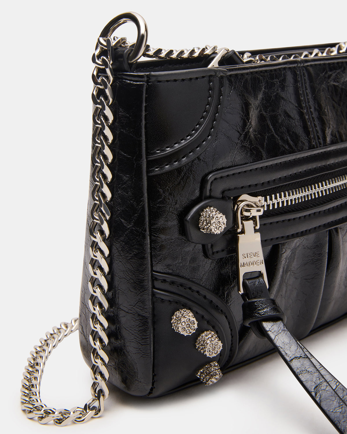 Steve Madden SKY Bag Black/Silver Moto Rhinestone Embellished Stud Crossbody Handbag