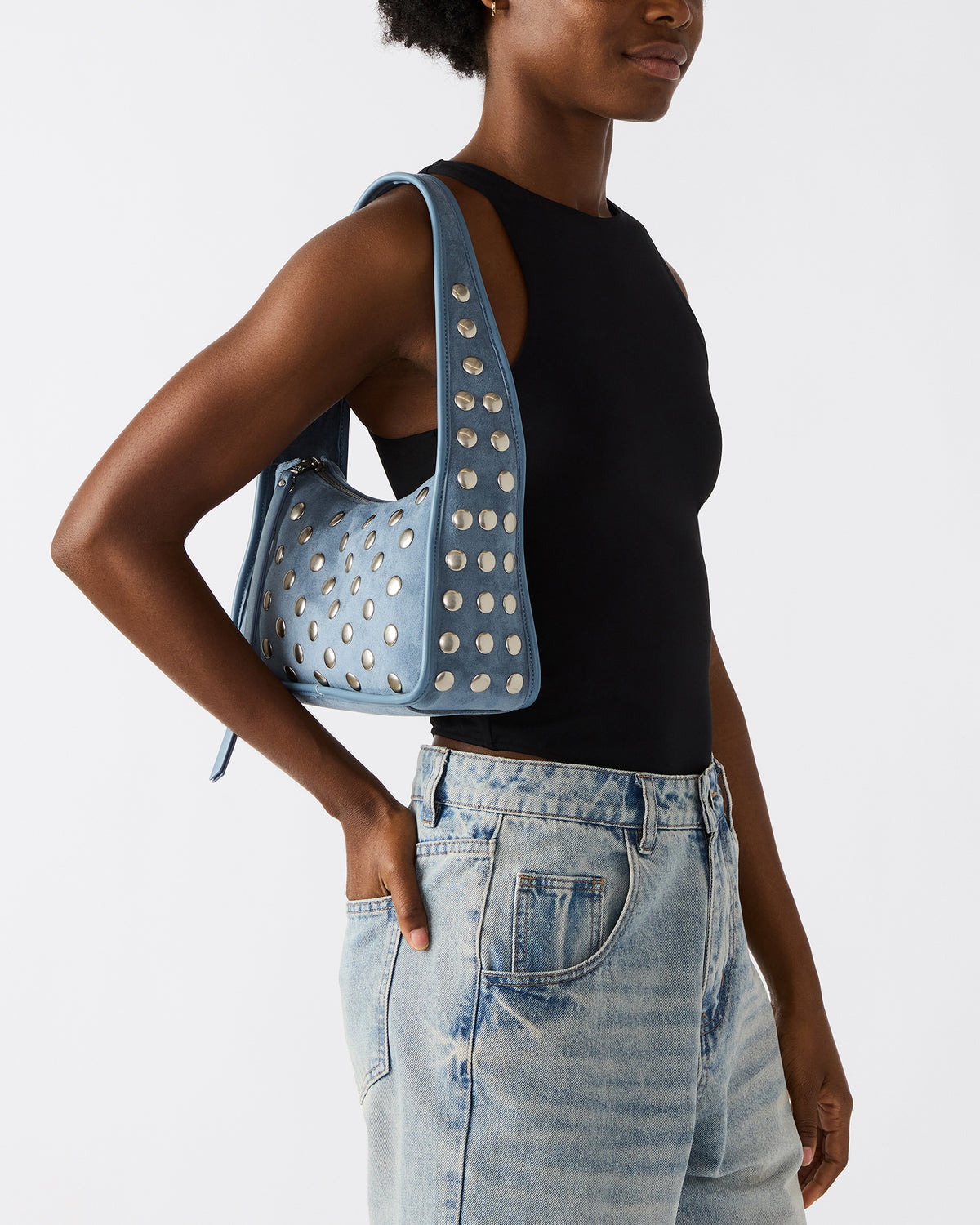 Steve Madden CHEYANN Bag Light Blue Hobo Dome-Studded Shoulder Strap Women's Handbag