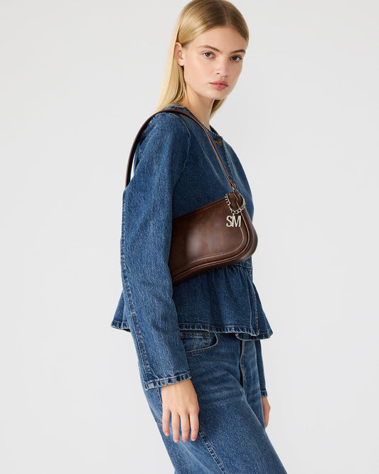 Steve Madden ANGEL Bag Brown Distressed Top-Zipper Structured Shoulder Strap Handbag
