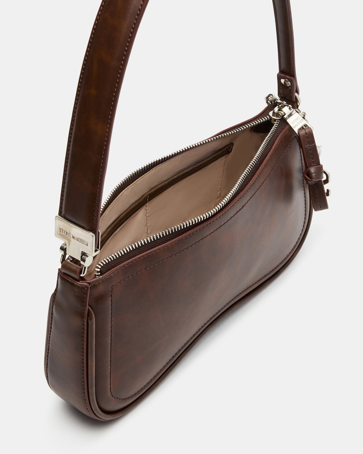 Steve Madden ANGEL Bag Brown Distressed Top-Zipper Structured Shoulder Strap Handbag