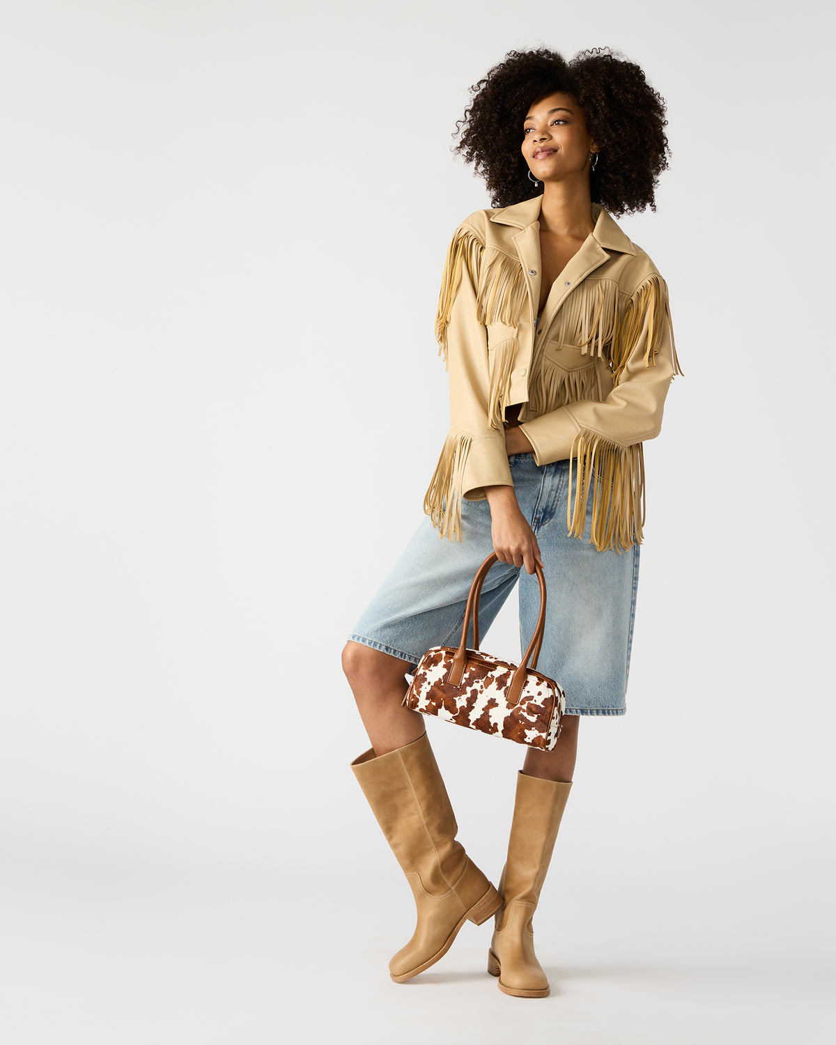 Steve Madden ANISE Bag Brown Cow Print Elongated Shoulder Strap Handbag