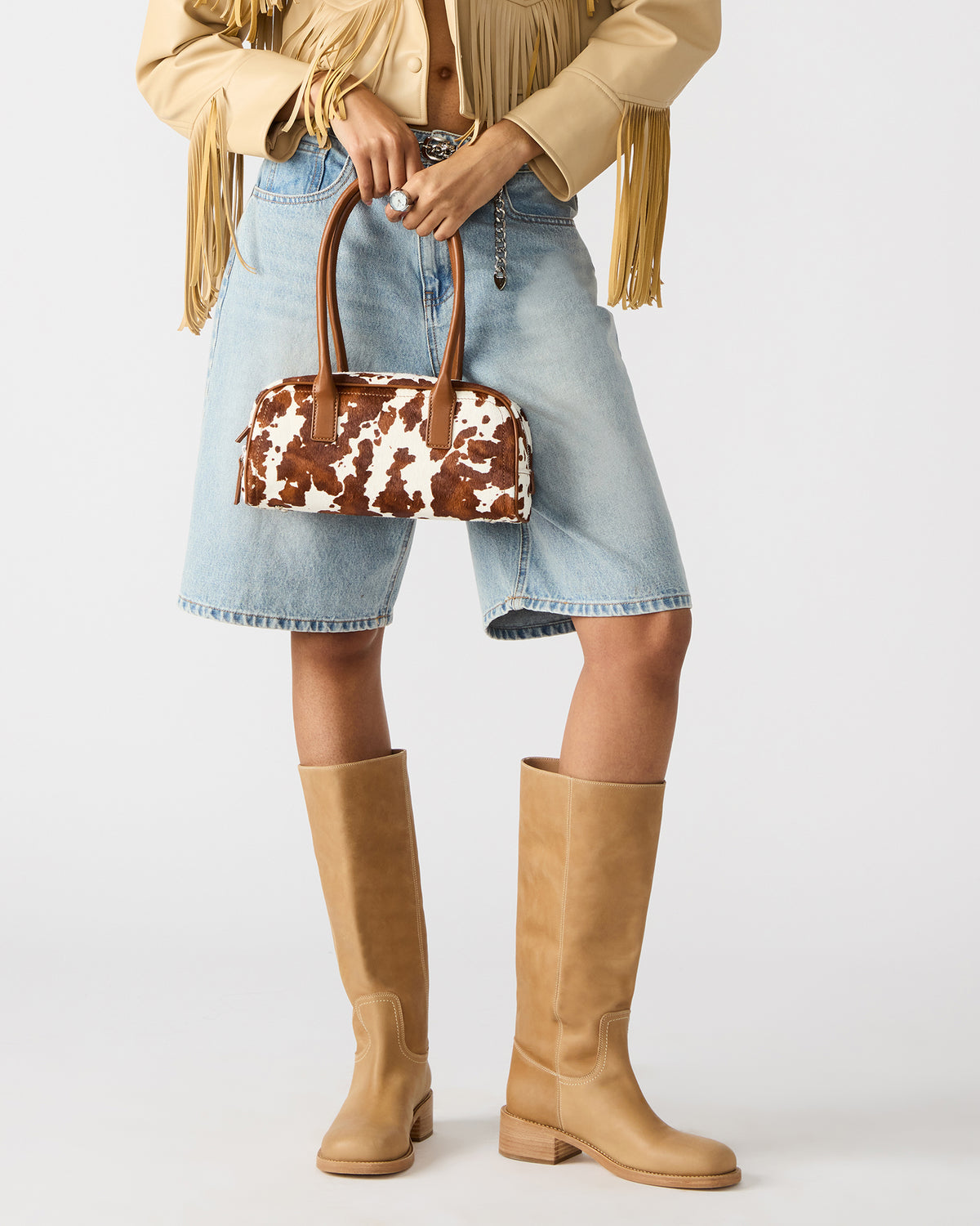 Steve Madden ANISE Bag Brown Cow Print Elongated Shoulder Strap Handbag