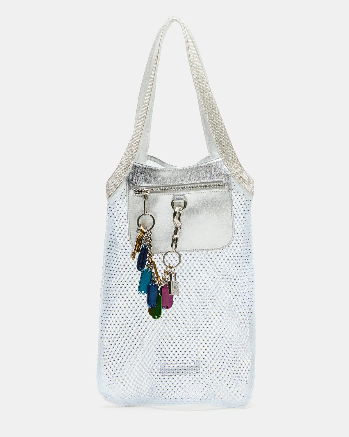 Steve Madden MAKIA White Women's Crystal Rhinestone Shoulder Strap Net Tote Handbag