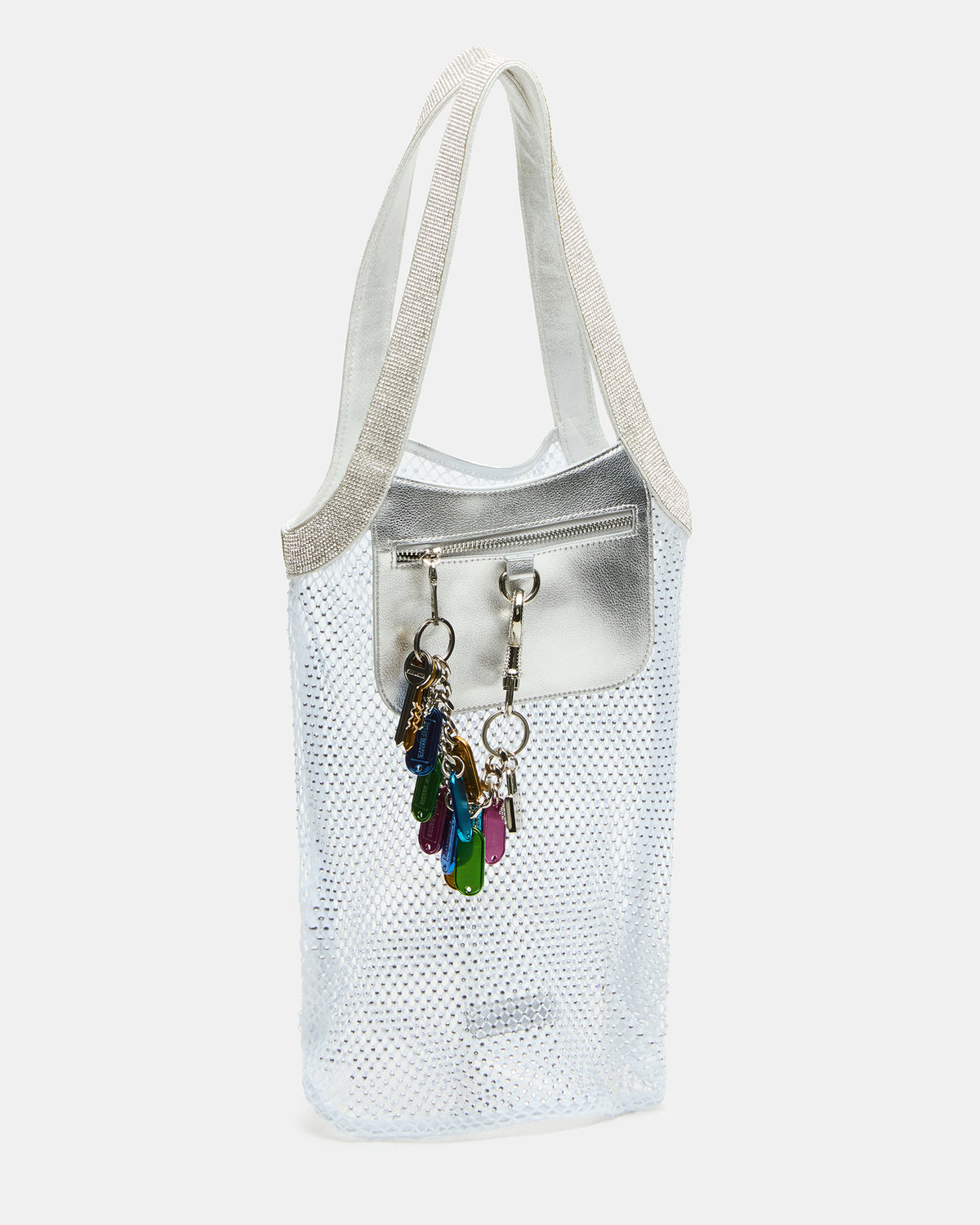 Steve Madden MAKIA White Women's Crystal Rhinestone Shoulder Strap Net Tote Handbag