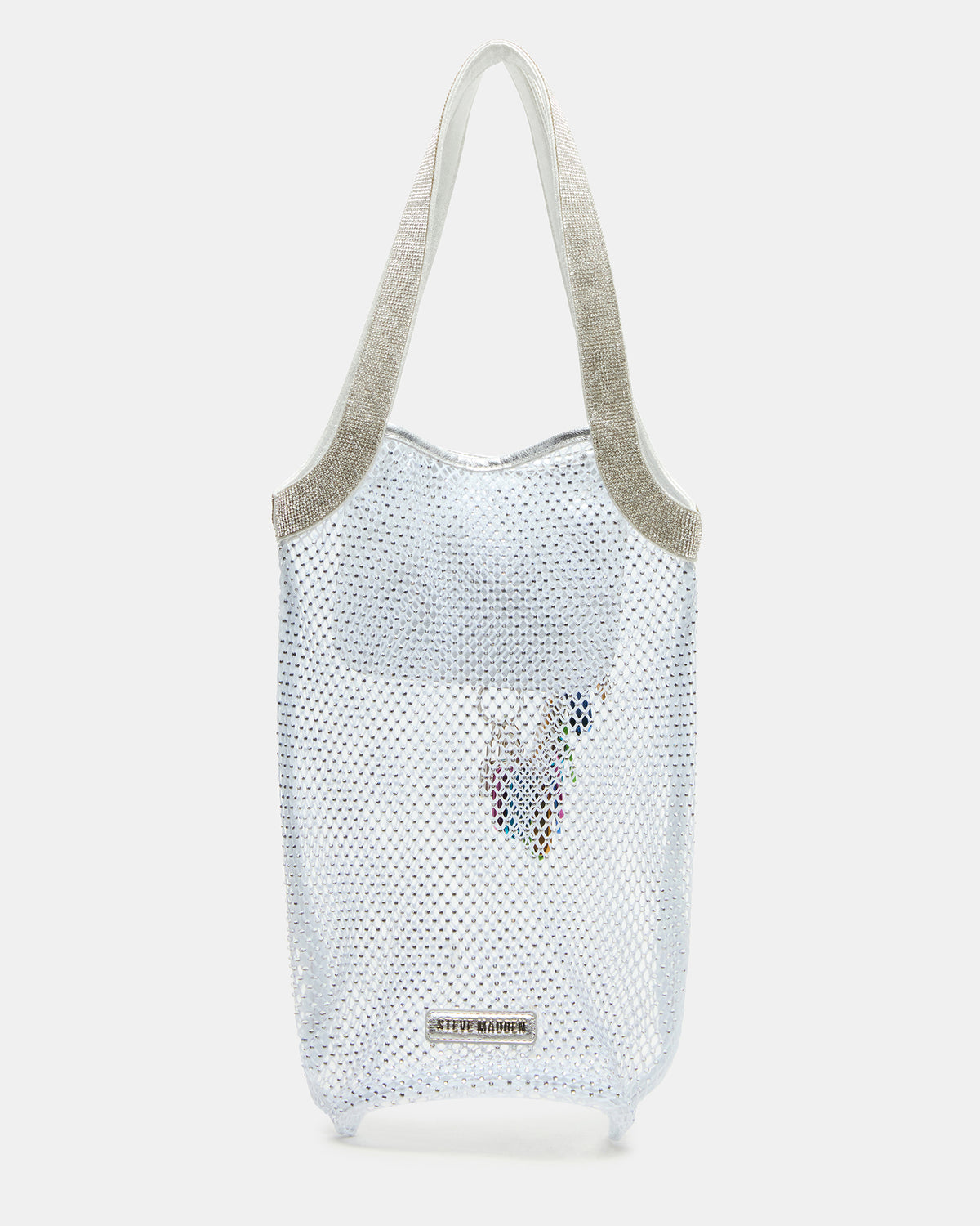 Steve Madden MAKIA White Women's Crystal Rhinestone Shoulder Strap Net Tote Handbag