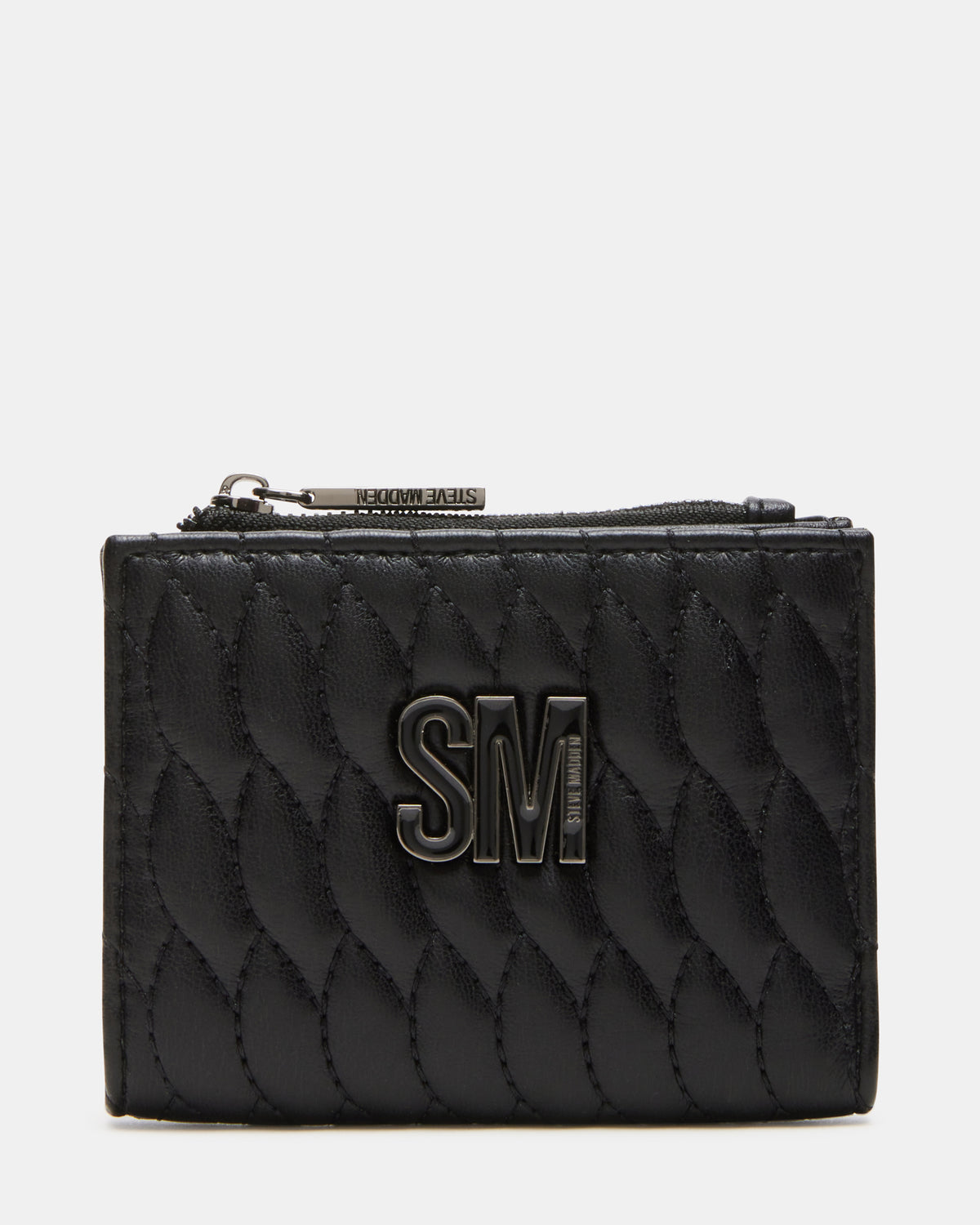 Steve Madden BAZAR Wallet Black Quilted Top-Zipper Button-Snap Mini Wallet