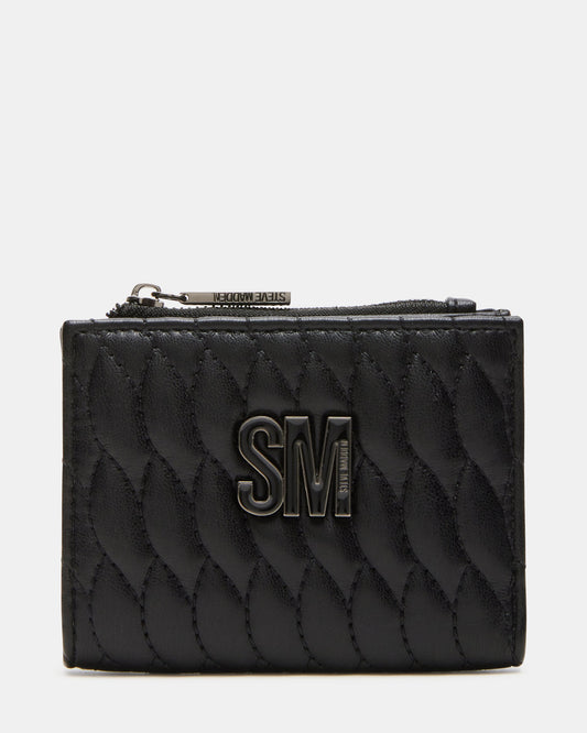 Steve Madden BAZAR Wallet Black Quilted Top-Zipper Button-Snap Mini Wallet