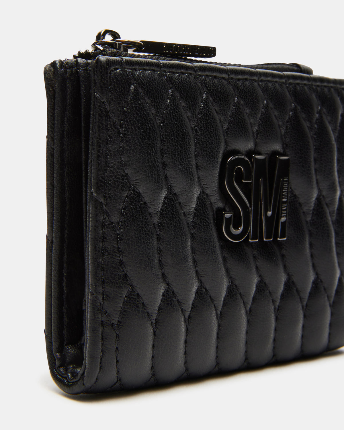 Steve Madden BAZAR Wallet Black Quilted Top-Zipper Button-Snap Mini Wallet