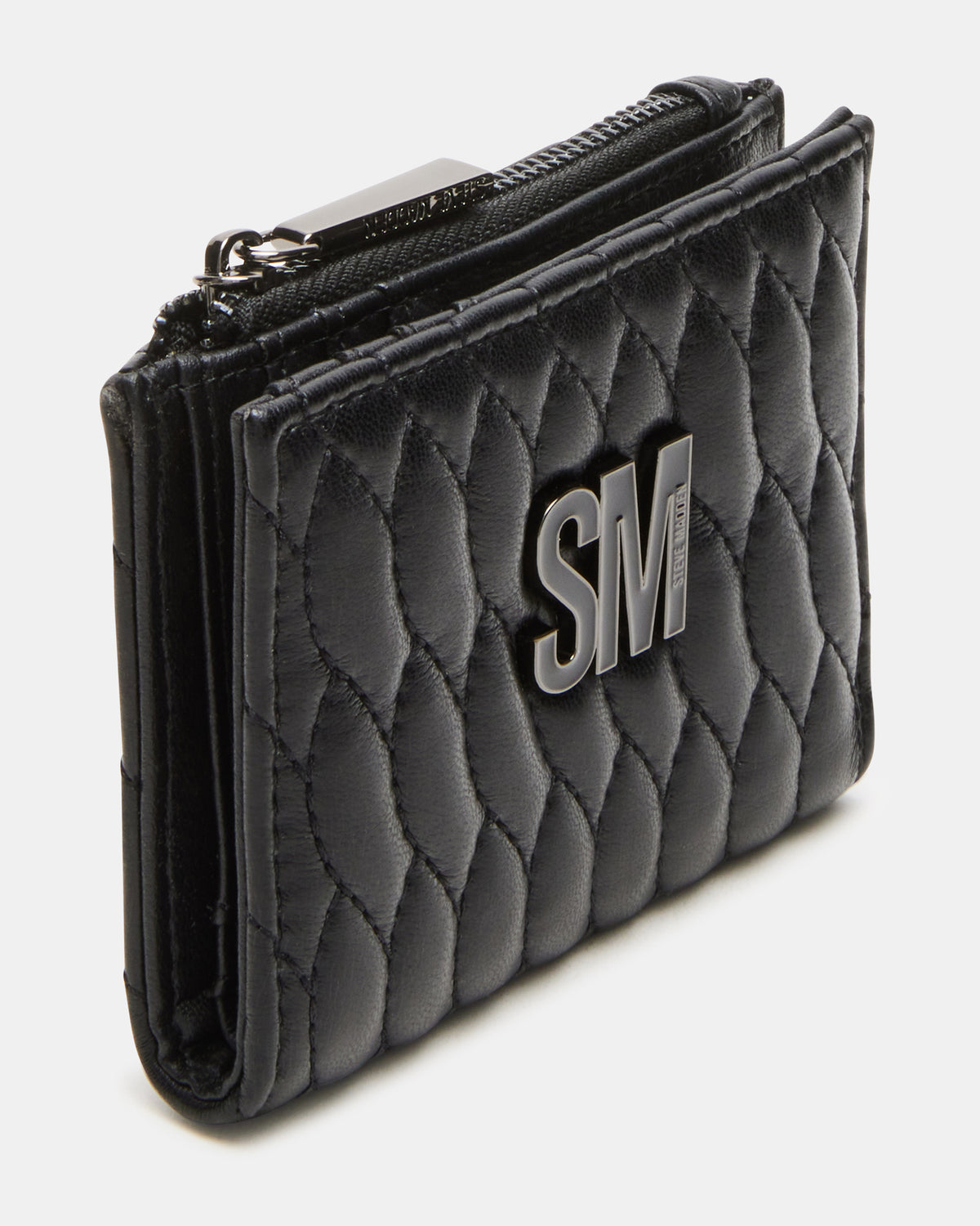 Steve Madden BAZAR Wallet Black Quilted Top-Zipper Button-Snap Mini Wallet