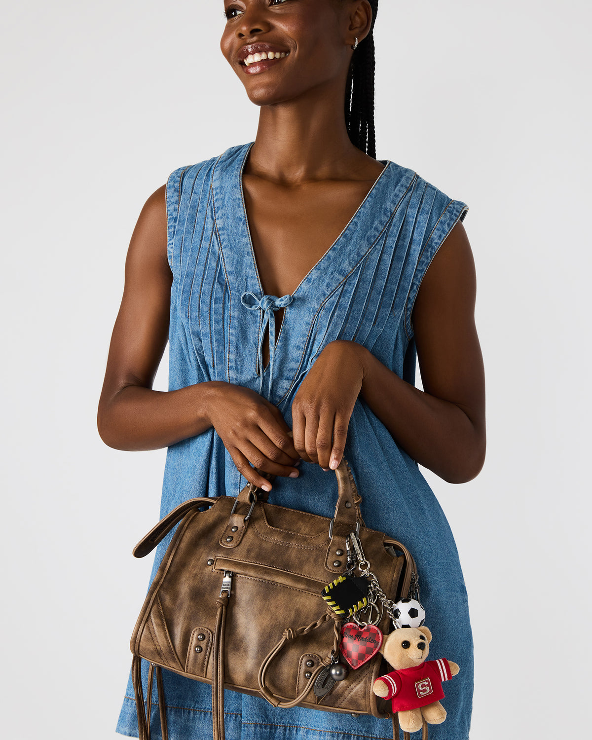 Steve Madden GOAL BAG CHARM Red Multi Stuffed Bear Attachable Bag Charm