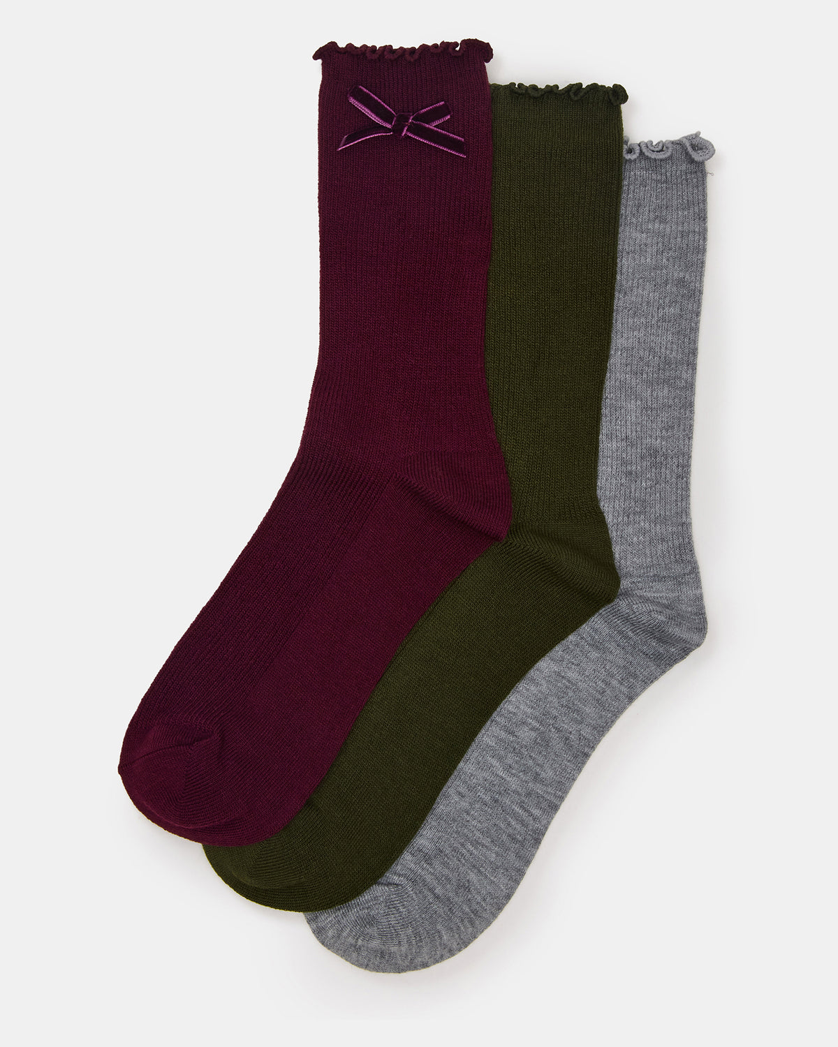 Steve Madden 3 PACK FOLLY VELVET BOW RIB CREW SOCKS CHERRY Women's Lettuce Edge Delicate Bow Socks