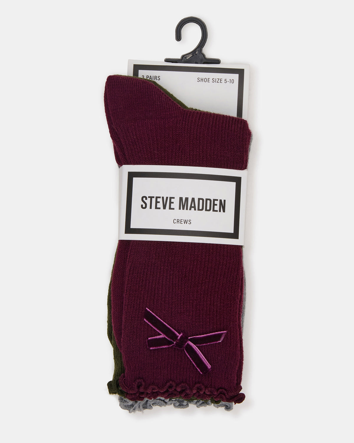 Steve Madden 3 PACK FOLLY VELVET BOW RIB CREW SOCKS CHERRY Women's Lettuce Edge Delicate Bow Socks