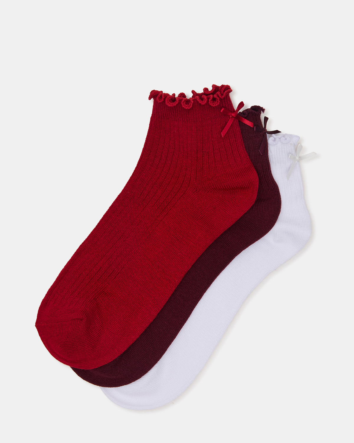 Steve Madden 3 PACK MELODY LETTUCE EDGE BOW SOCKS RED MULTI Women's Bow Anklet Socks