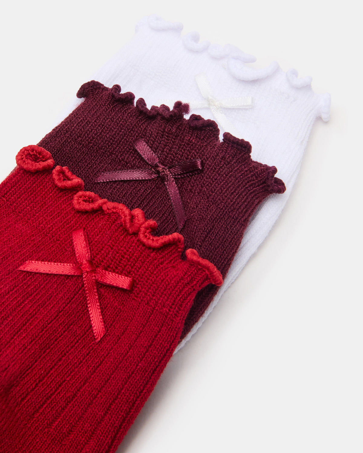 Steve Madden 3 PACK MELODY LETTUCE EDGE BOW SOCKS RED MULTI Women's Bow Anklet Socks