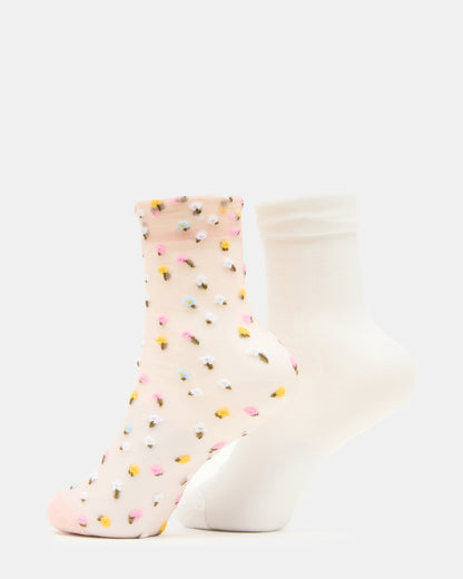 Steve Madden 2 WILDFLOWER PACK TULLE SOCKS BLUSH Women's Anklet Socks