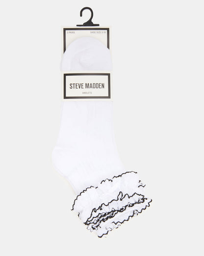 Steve Madden 2 PACK AVA RUFFLE SOCKS WHITE Women's Double Ruffle Edge Anklet Socks