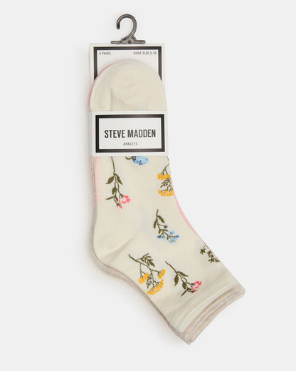 Steve Madden 4 BLOOM PACK FLOWER SOCKS IVORY MULTI Women's Anklet Socks