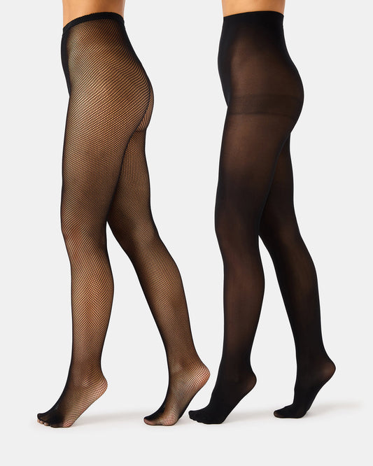 Steve Madden 2 PACK MINI FISHNET TIGHT BLACK Women's Footed Sheer Mesh Tights
