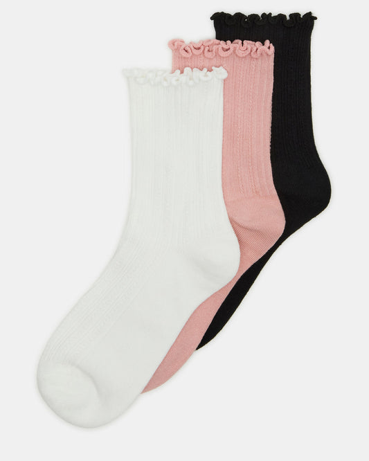 Steve Madden 3 Pack Lettuce Edge Ribbed Women's Anklet Socks Multi