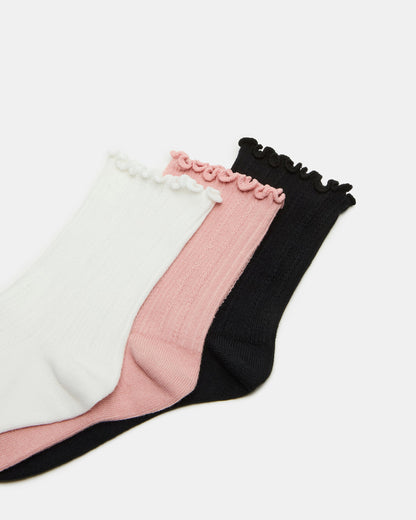 Steve Madden 3 Pack Lettuce Edge Ribbed Women's Anklet Socks Multi