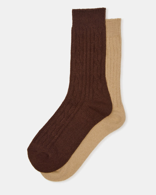 Steve Madden 2 PACK CABLE TEXTURE BOOT SOCKS BROWN Women's Textured Quarter Book Socks