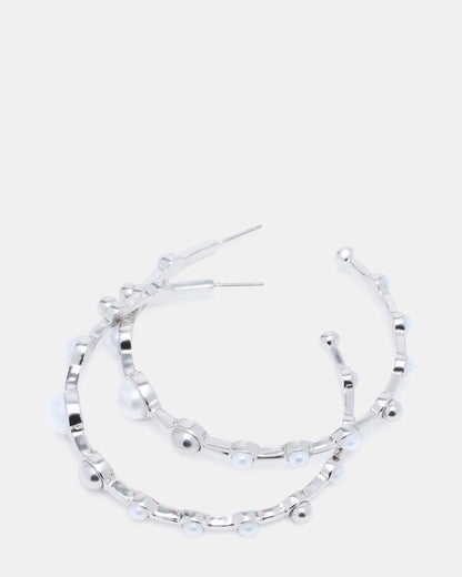 Steve Madden PEARL HOOP EARRINGS SILVER Women's Pearl Embellished Hoop Earrings