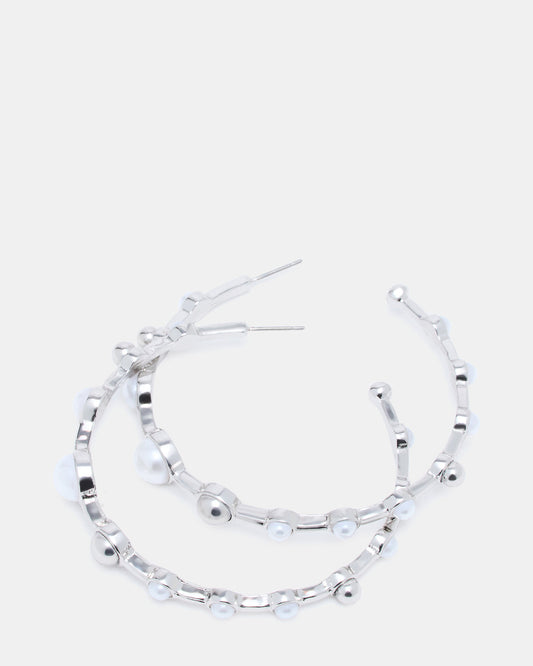Steve Madden PEARL HOOP EARRINGS SILVER Women's Pearl Embellished Hoop Earrings