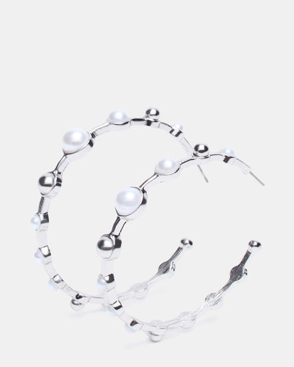 Steve Madden PEARL HOOP EARRINGS SILVER Women's Pearl Embellished Hoop Earrings