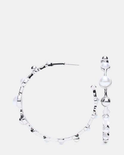 Steve Madden PEARL HOOP EARRINGS SILVER Women's Pearl Embellished Hoop Earrings