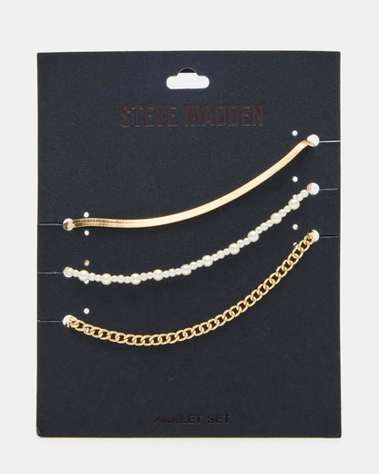 Steve Madden 3-PIECE CHAIN ANKLET SET Women's Gold Chain Pearl Embellished Anklet Set