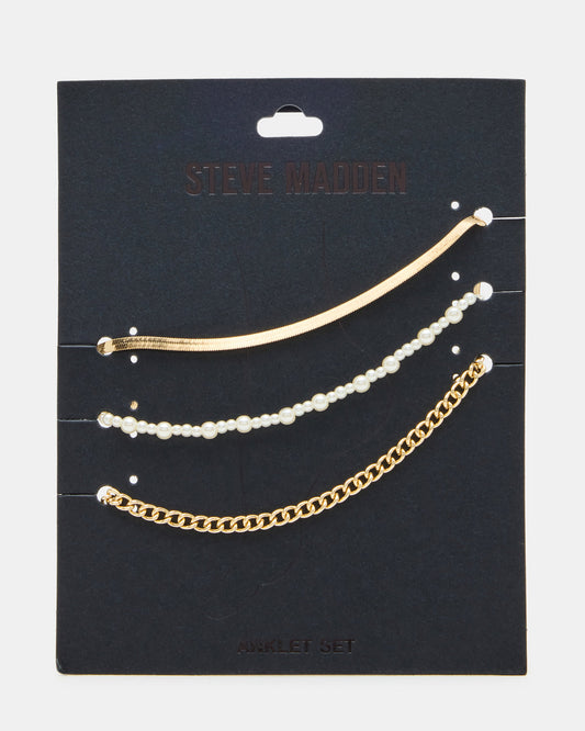 Steve Madden 3-PIECE CHAIN ANKLET SET Women's Gold Chain Pearl Embellished Anklet Set
