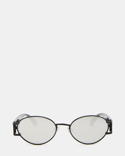 Steve Madden DUTTEN Black Frame Almond Solid Smoke Silver Flash Oval Sunglasses