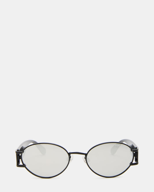 Steve Madden DUTTEN Black Frame Almond Solid Smoke Silver Flash Oval Sunglasses
