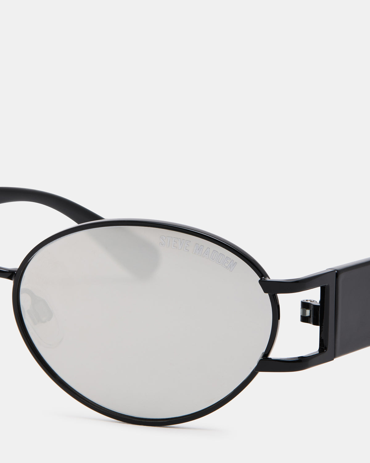 Steve Madden DUTTEN Black Frame Almond Solid Smoke Silver Flash Oval Sunglasses