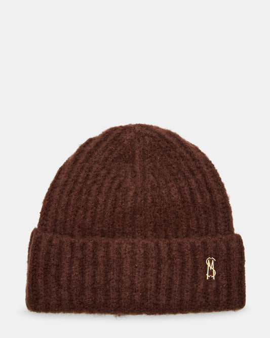 Steve Madden LOGO BEANIE Dark Brown Fuzzy RIbbed Knit Women's Beanie