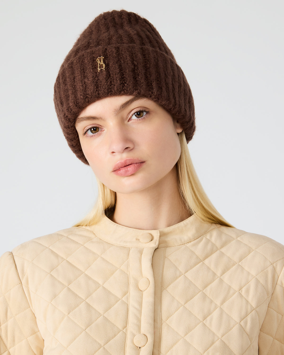 Steve Madden LOGO BEANIE Dark Brown Fuzzy RIbbed Knit Women's Beanie