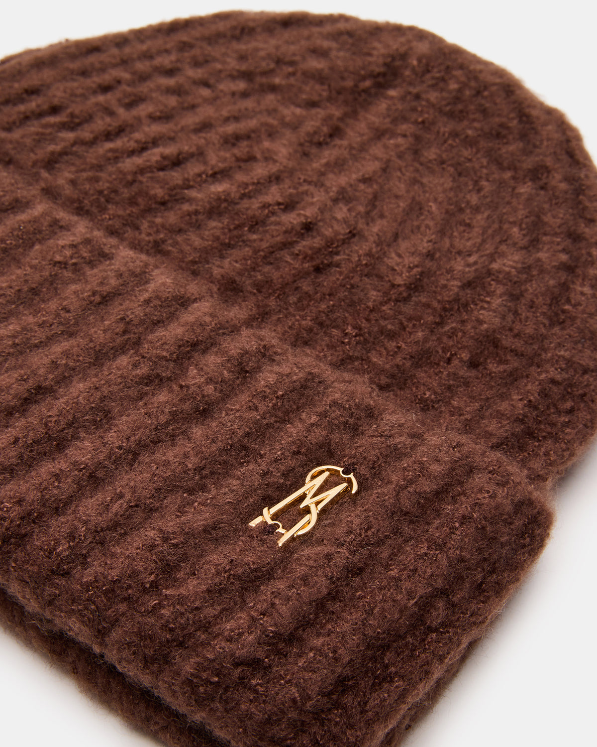 Steve Madden LOGO BEANIE Dark Brown Fuzzy RIbbed Knit Women's Beanie
