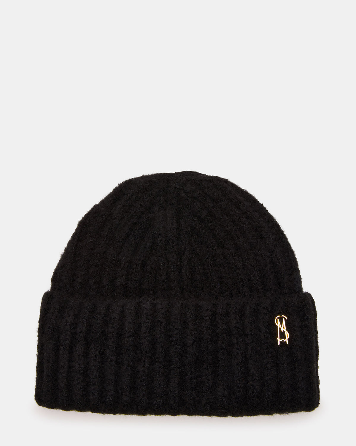 Steve Madden LOGO BEANIE Black Fuzzy RIbbed Knit Women's Beanie