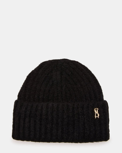 Steve Madden LOGO BEANIE Black Fuzzy RIbbed Knit Women's Beanie