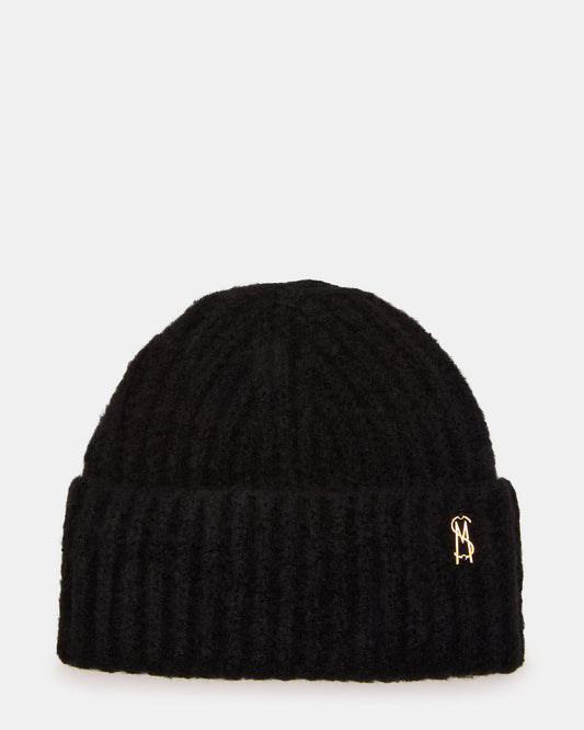 Steve Madden LOGO BEANIE Black Fuzzy RIbbed Knit Women's Beanie