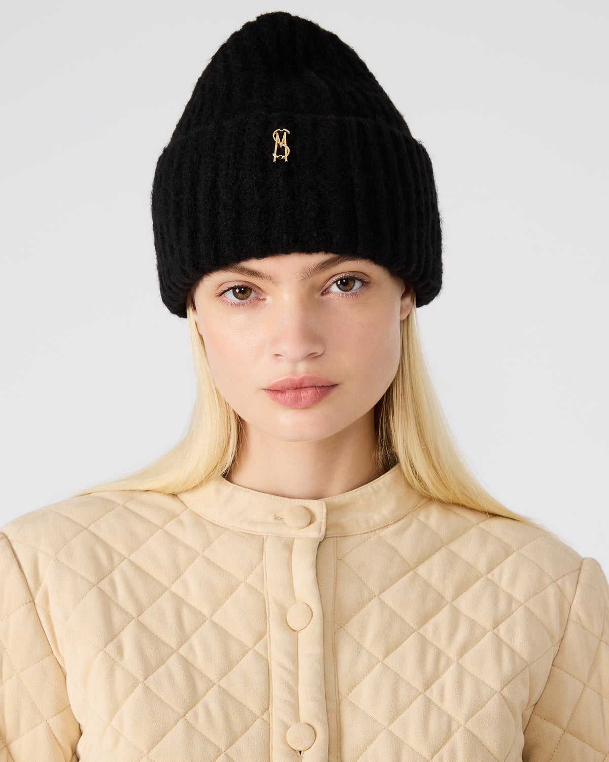 Steve Madden LOGO BEANIE Black Fuzzy RIbbed Knit Women's Beanie