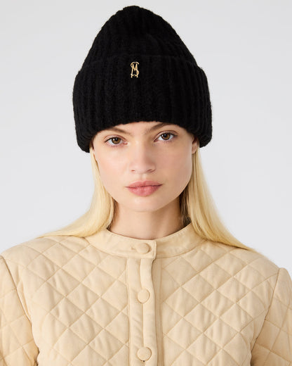 Steve Madden LOGO BEANIE Black Fuzzy RIbbed Knit Women's Beanie
