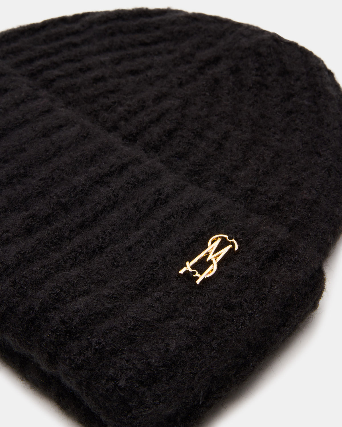 Steve Madden LOGO BEANIE Black Fuzzy RIbbed Knit Women's Beanie