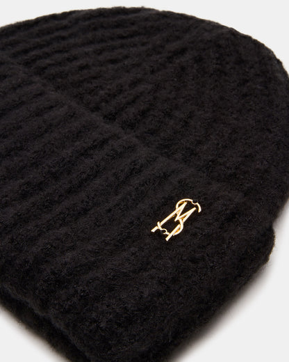 Steve Madden LOGO BEANIE Black Fuzzy RIbbed Knit Women's Beanie