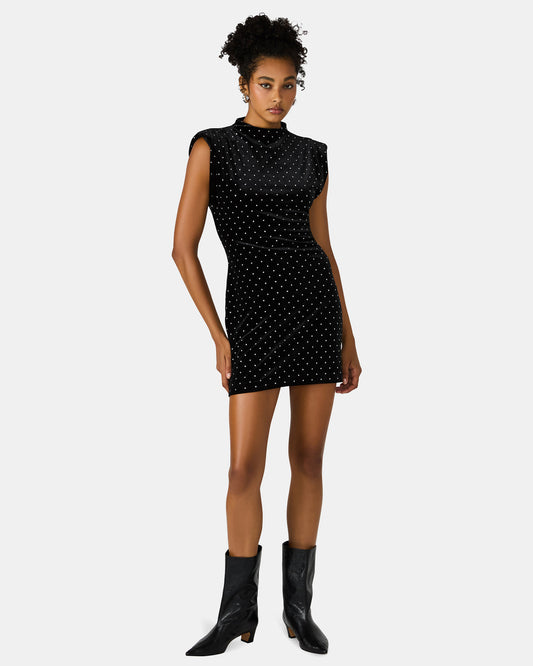 Steve Madden ASTORIA Black Rhinestone Embellished Velvet Shoulder Pads Bodycon Mini Women's Dress